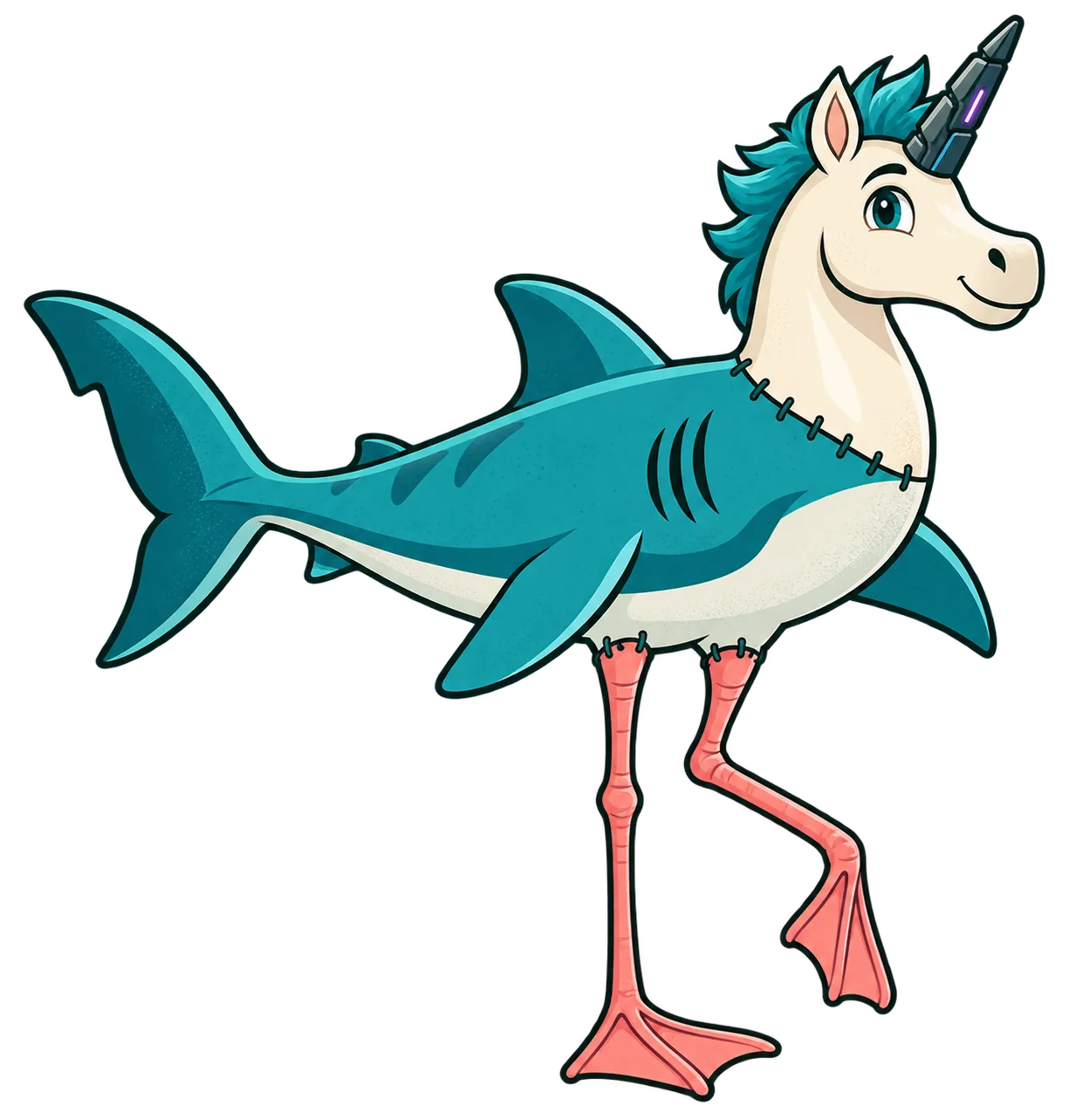 A unicorn-headed shark with a mechanical horn, balancing on flamingo legs